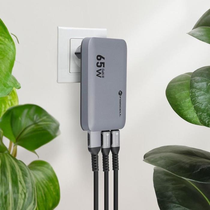 Forcell - Forcell Snabbladdare 65W 2 x USB C - USB A GaN PD QC4.0 Grå