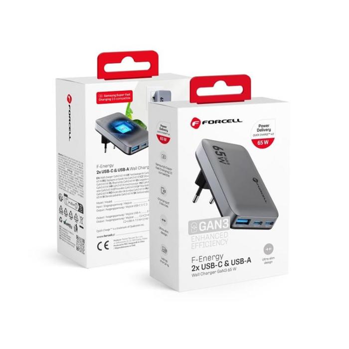 Forcell - Forcell Snabbladdare 65W 2 x USB C - USB A GaN PD QC4.0 Grå