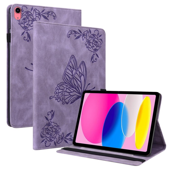 A-One Brand - iPad 10.9 (2022) Fodral Butterfly Flower Imprinted - Lila