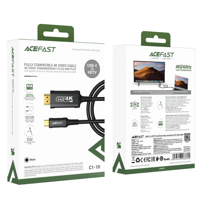 Acefast - Acefast USB-C till HDMI Kabel Video 4K 60Hz HDR 1.8m - Svart