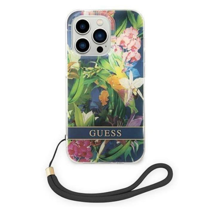 Guess - GUESS iPhone 14 Pro Max Skal Flower Strap - Blå