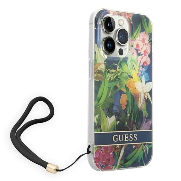 Guess - GUESS iPhone 14 Pro Max Skal Flower Strap - Blå
