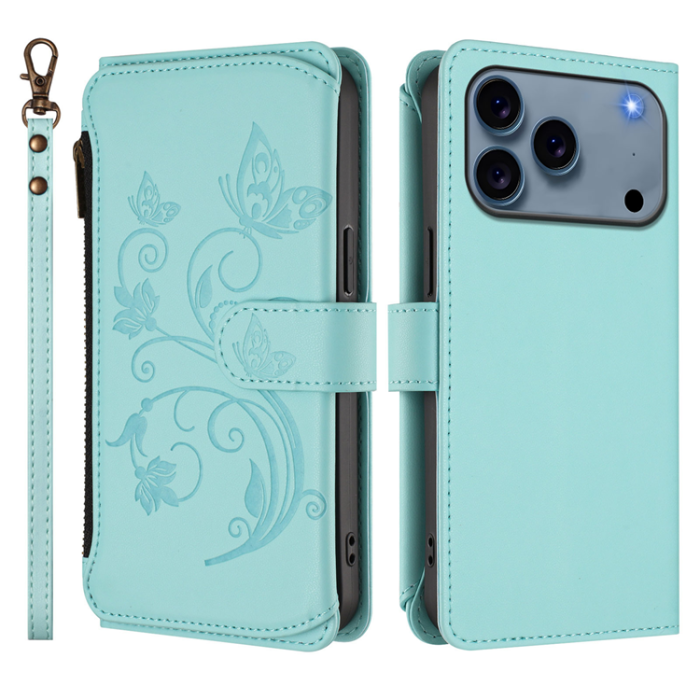 A-One Brand - iPhone 17 Pro Plånboksfodral Butterfly Floral Imprint - Mintgrön