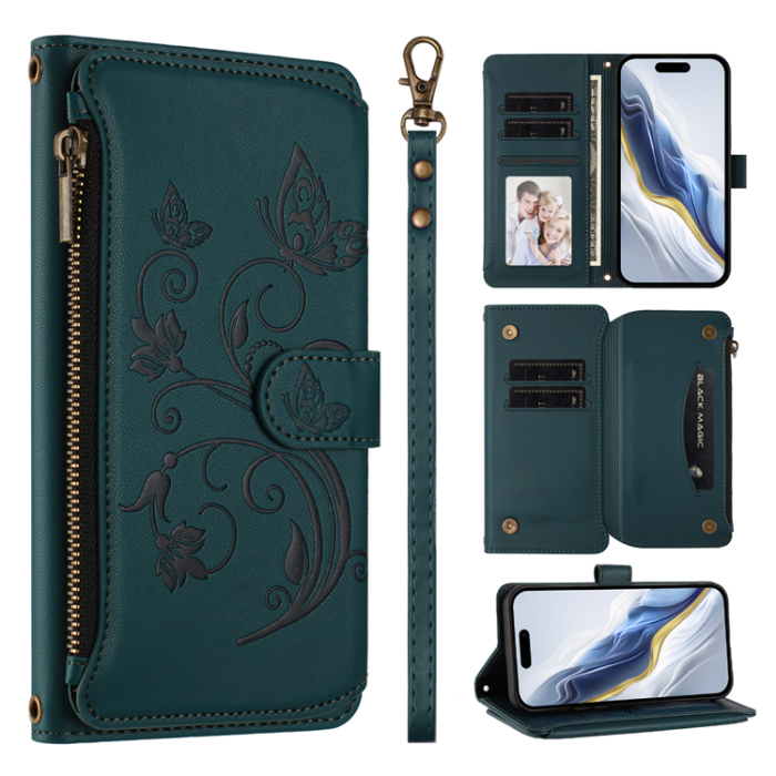 A-One Brand - iPhone 17 Air Plånboksfodral Butterfly Floral Imprint - Grön