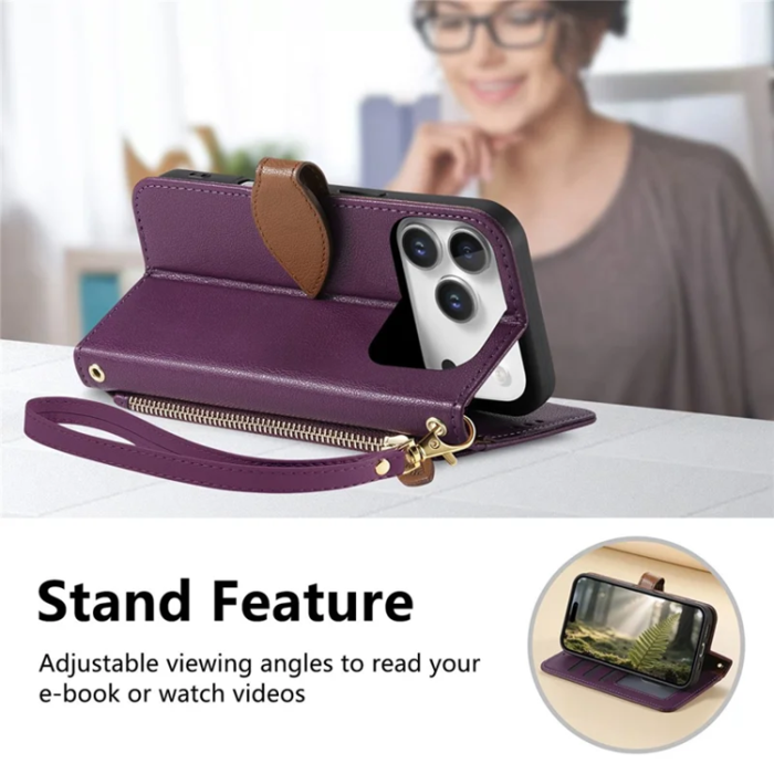 A-One Brand - iPhone 17 Pro Plånboksfodral Leaf Magnetiskt Spänne Konstläder - Lila