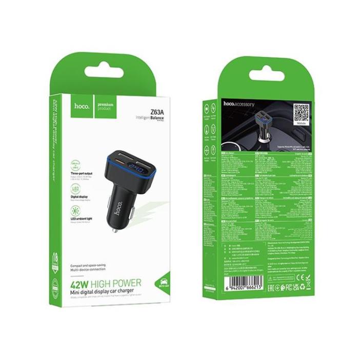 Hoco - Hoco Billaddare 42W 1xUSB-C 2xUSB-A QC3.0 Z63A - Svart