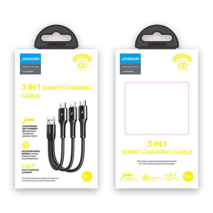 UTGATT1 - Joyroom 3in1 Kort USB - Lightning / USB-C / microUSB 3.5A 15cm - Svart