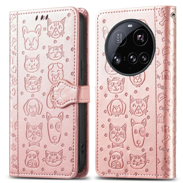 A-One Brand - Xiaomi 15 Ultra Plånboksfodral Cat Dog Pattern - Rosa Guld