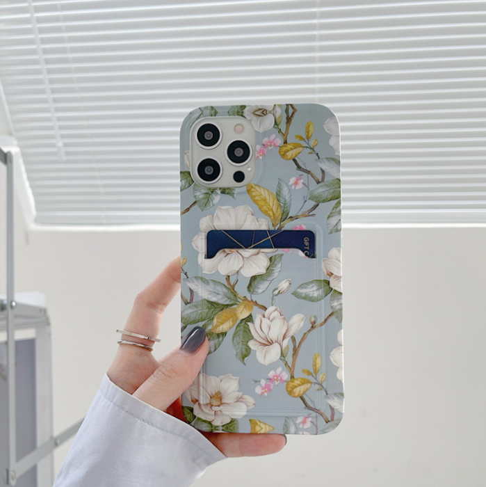 OEM - iPhone 13 Pro Skal med Kortfack - Grön Flowers