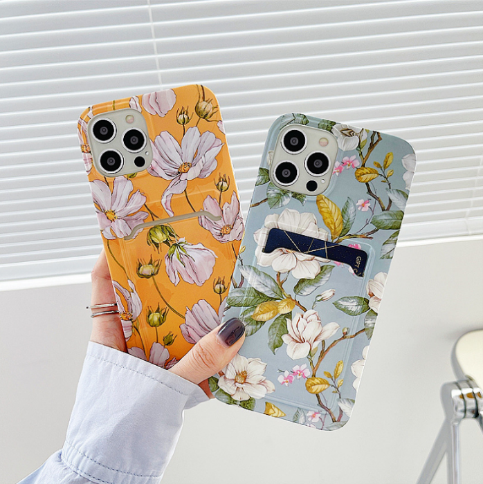 OEM - iPhone 13 Pro Skal med Kortfack - Grön Flowers