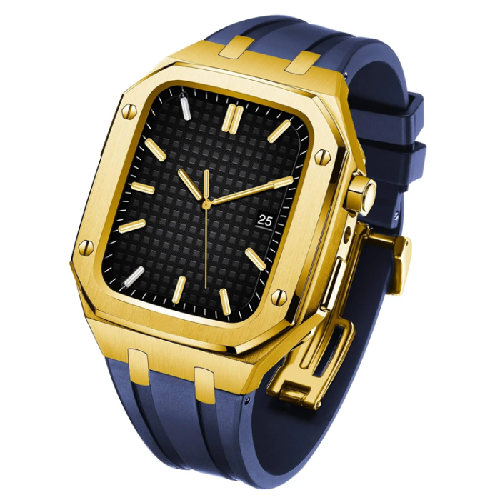 A-One Brand - Apple Watch 7/8/9 (45mm) Luxury Band Armor Stainless Steel - Guld/Mörkblå