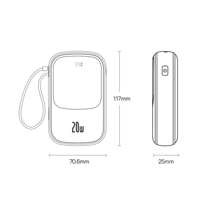 BASEUS - Baseus Powerbank Qpow 10000mAh 20W med Inbyggd Lightning Kabel - Svart