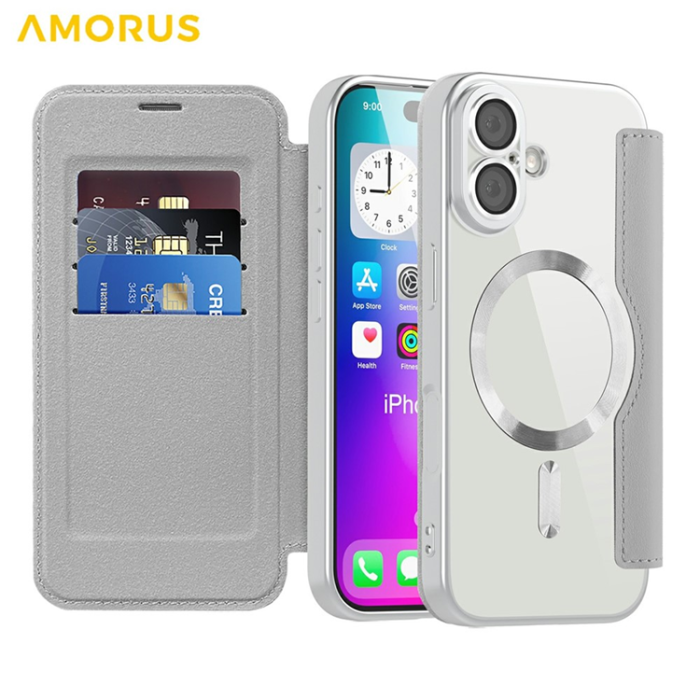 Amorus - AMORUS iPhone 17 Plånboksfodral MagSafe RFID Blocking - Titangrå