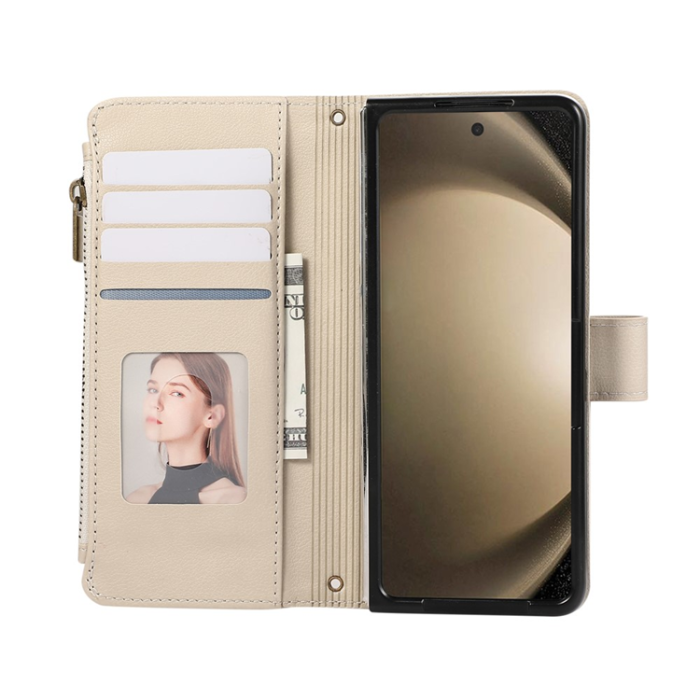 A-One Brand - Galaxy Z Fold7 Plånboksfodral Multi Zipper Läder - Beige