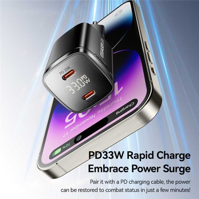 ESSAGER - ESSAGER GaN Snabbladdare 33W 2x USB-C PD med LED EU - Svart