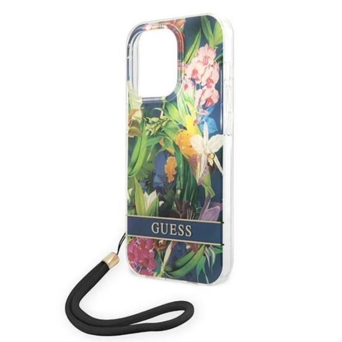 Guess - GUESS iPhone 14 Pro Max Skal Flower Strap - Blå