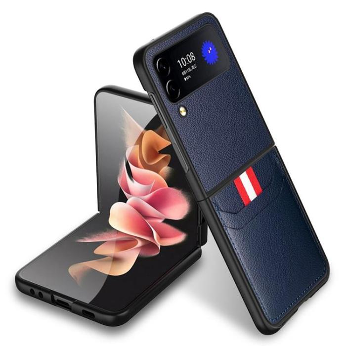 A-One Brand - Galaxy Z Flip 4 Skal Litchi Korthållare - Blå