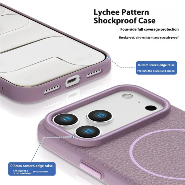 A-One Brand - iPhone 17 Pro Mobilskal Magsafe Litchi Pattern - Vit