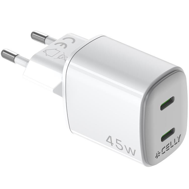 Celly Snabbladdare GaN 2 x USB-C PD 45W - Vit | 505295 | AlltMobil