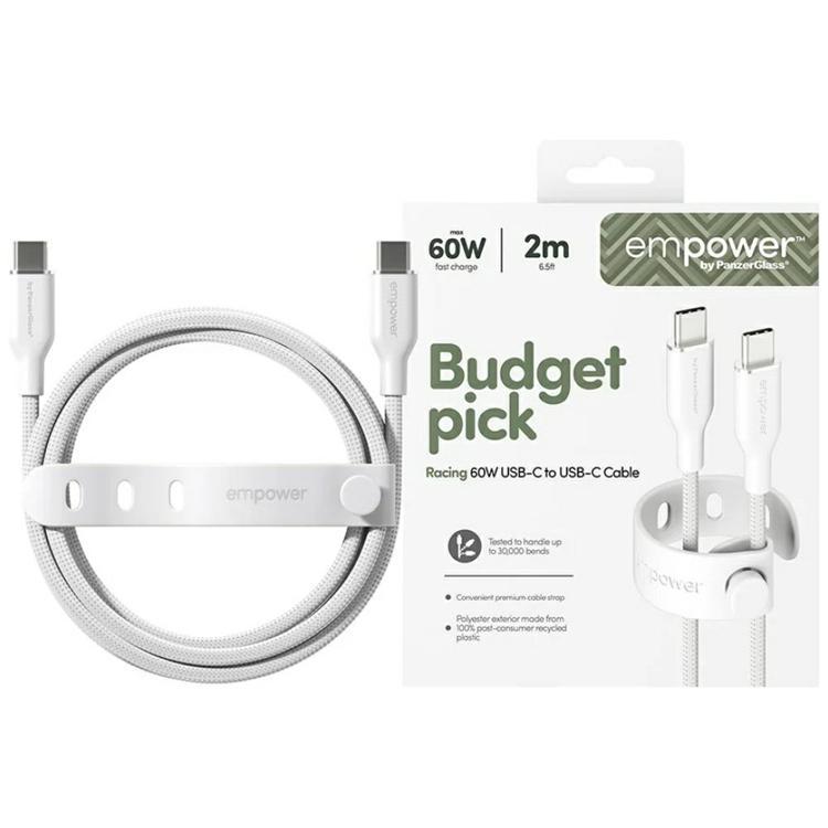 Empower by PanzerGlass USB-C till USB-C 60W Kabel 2m Racing (Silver/Vit)