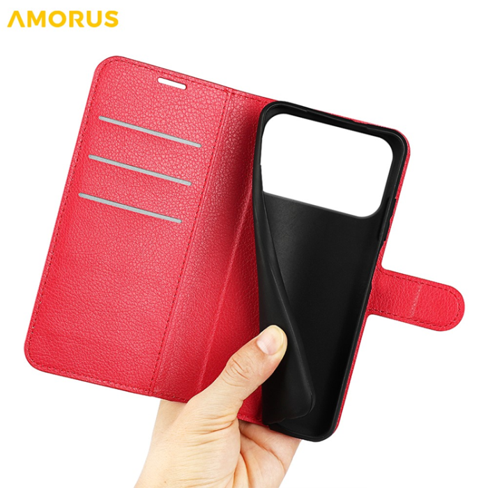 Amorus - AMORUS iPhone 17 Pro Plånboksfodral Flipstativ Litchi - Röd