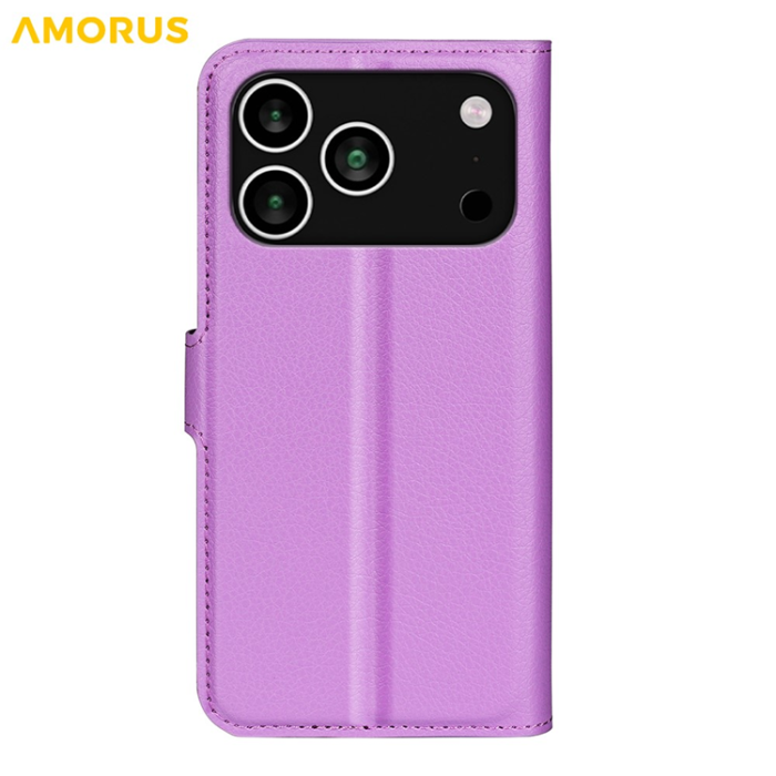 Amorus - AMORUS iPhone 17 Pro Plånboksfodral Flipstativ Litchi - Lila