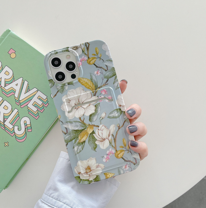 OEM - iPhone 13 Pro Skal med Kortfack - Grön Flowers