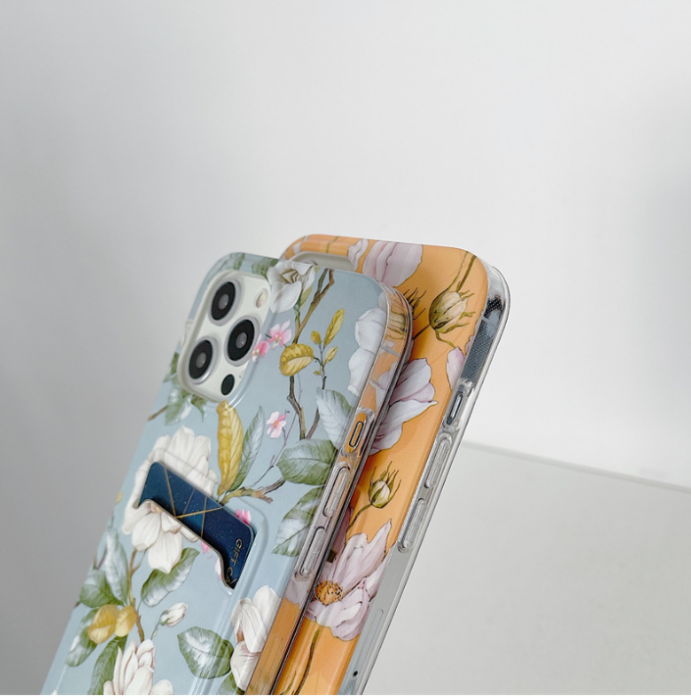 OEM - iPhone 13 Pro Skal med Kortfack - Grön Flowers