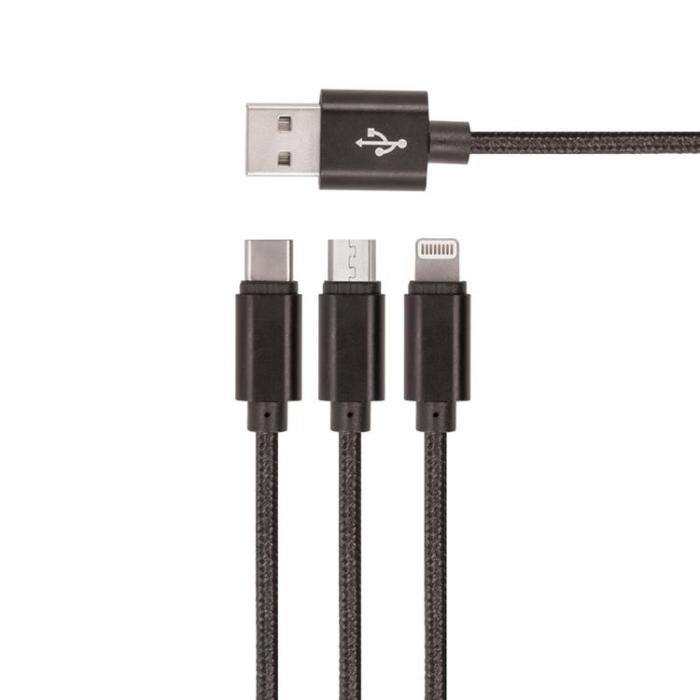 Setty - Setty 3in1 USB/MicroUSB/Lightning/Typ-C Kabel 1m 2A KN3W1-01 Svart