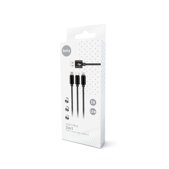 Setty - Setty 3in1 USB/MicroUSB/Lightning/Typ-C Kabel 1m 2A KN3W1-01 Svart