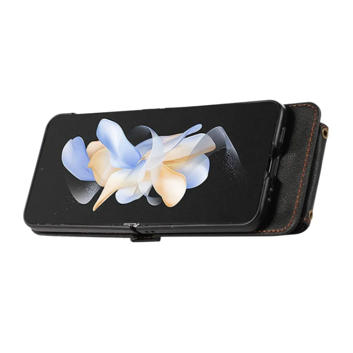 A-One Brand - Galaxy Z Flip7 Plånboksfodral Ring Kickstand med Lång rem - Svart