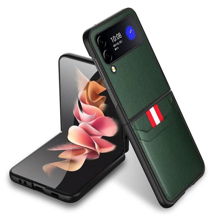 A-One Brand - Galaxy Z Flip 4 Skal Litchi Korthållare - Grön