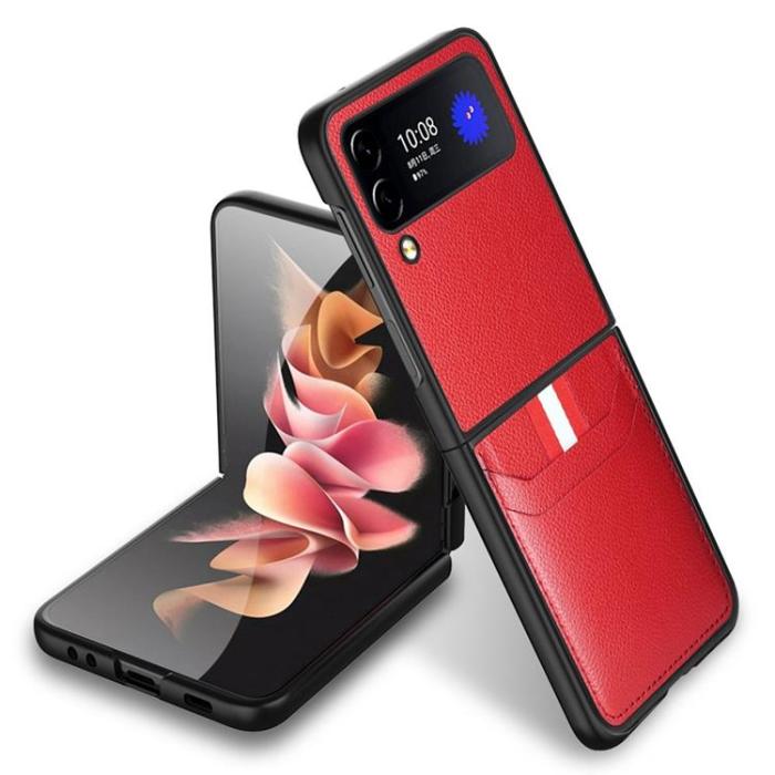 A-One Brand - Galaxy Z Flip 4 Skal Litchi Korthållare - Röd