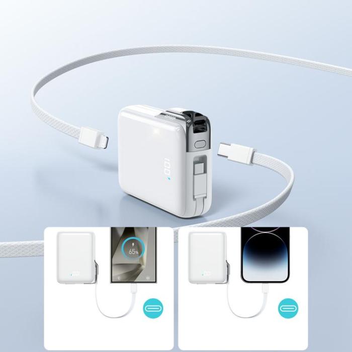 Joyroom - Joyroom Powerbank 10000 mAh 30W med USB-C och Lightning Kablar - Vit