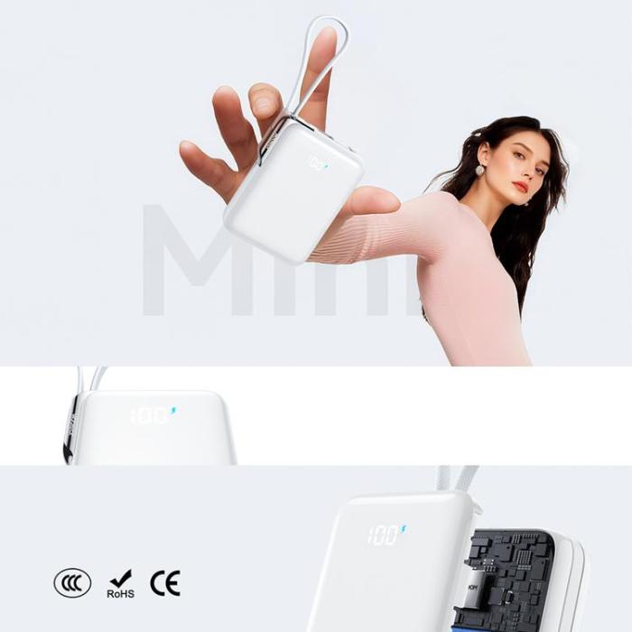Joyroom - Joyroom Powerbank 10000 mAh 30W med USB-C och Lightning Kablar - Vit