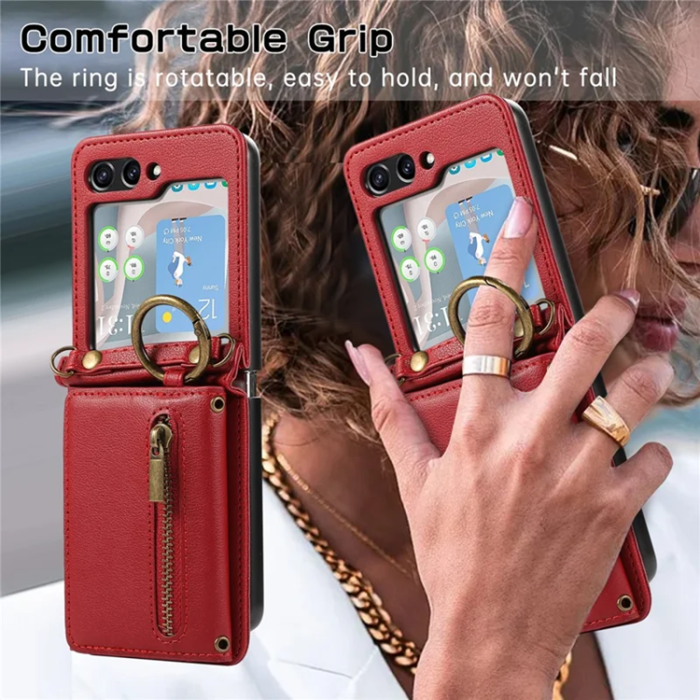 A-One Brand - Galaxy Z Flip7 Plånboksfodral Zipper Kickstand med Axelrem - Röd
