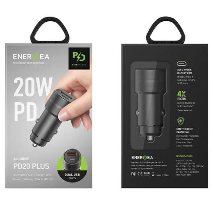 ENERGEA - Energea Billaddare 38W 1xUSB-C 1xUSB-A PD-QC3.0 - Gunmetal