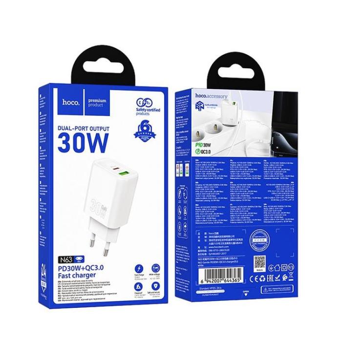 Hoco - HOCO Snabbladdare USB-A/USB-C 30W N63 QC3.0 3A - Vit