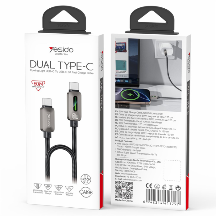 Yesido - YESIDO USB-C - USB-C 60W 3A Kabel 1.2m Zinc Allo - Grå