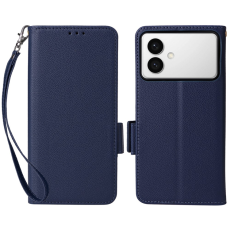 A-One Brand - Galaxy S26 Edge Plånboksfodral Litchi Läder med Rem - Mörkblå