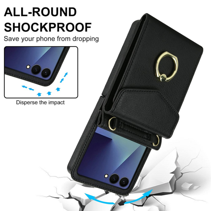 A-One Brand - Galaxy Z Flip7 Plånboksfodral Litchi med Axelrem - Svart