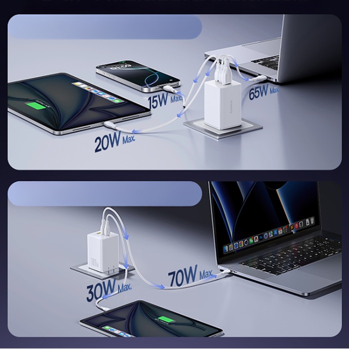 BASEUS - Baseus Snabbladdare 2 x USB-C/USB-A 100W EnerFill FE11 - Vit