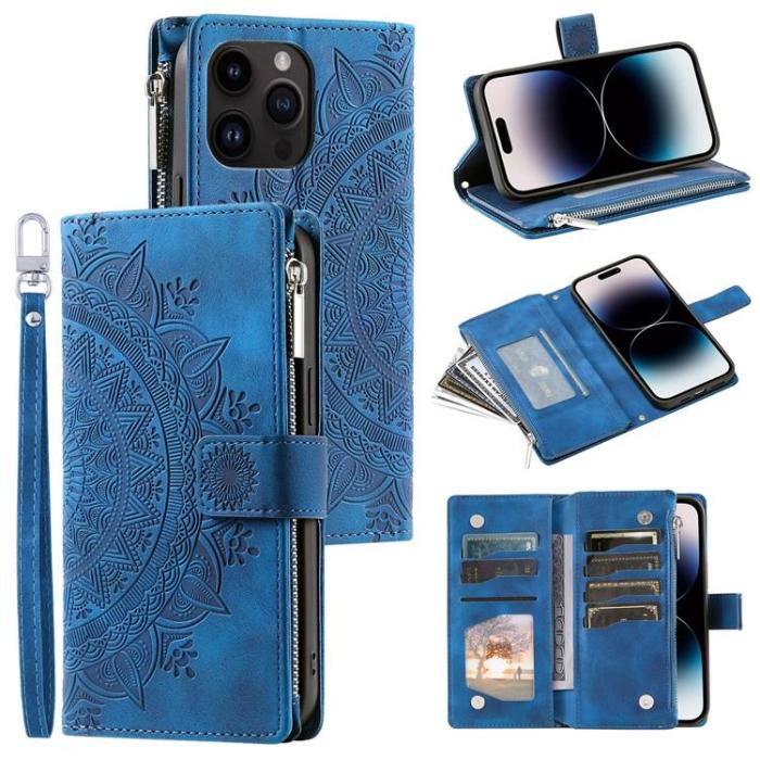 OEM - iPhone 15 Pro Max Plånboksfodral Mandala Flower Imprinted - Blå