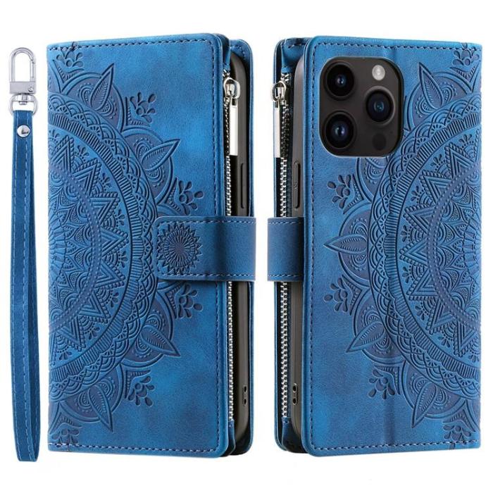 OEM - iPhone 15 Pro Max Plånboksfodral Mandala Flower Imprinted - Blå