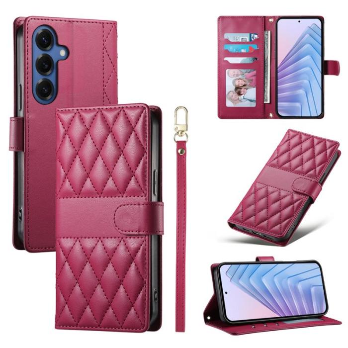 OEM - Samsung Galaxy S26 Fodral Rhombus Sömmar Ställ Läder - Röd