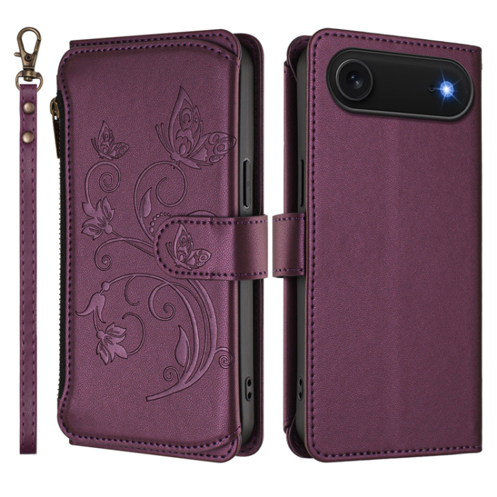 A-One Brand - iPhone 17 Air Plånboksfodral Butterfly Floral Imprint - Lila