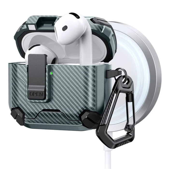 A-One Brand - AirPods 4 Skal Magsafe Carbon Fiber med Karbinhake - Grön