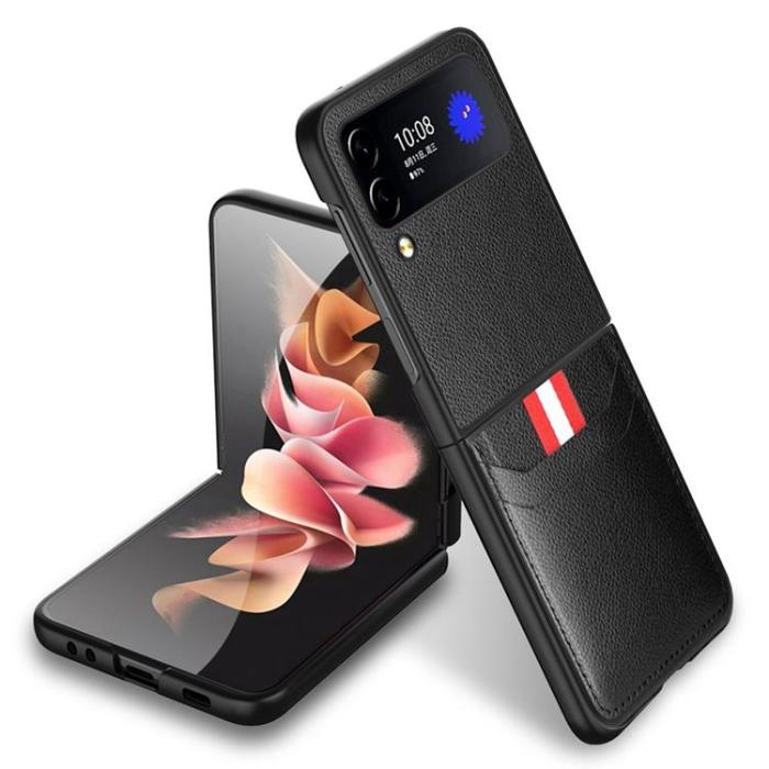 A-One Brand - Galaxy Z Flip 4 Skal Litchi Korthållare - Svart