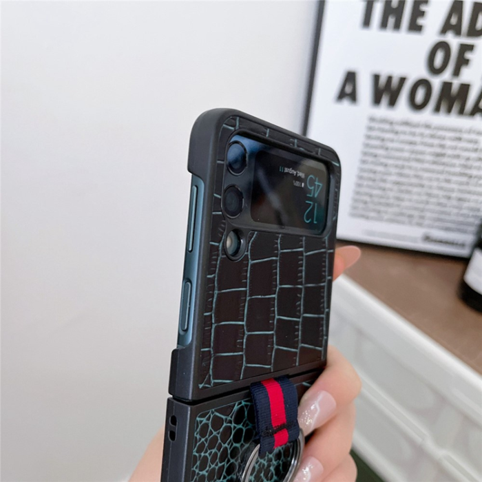 A-One Brand - Galaxy Z Flip 4 Mobilskal Äkta Läder Fingerringhållare - Grön