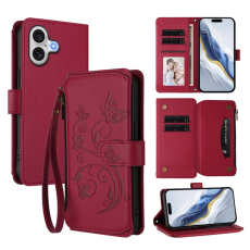 A-One Brand - iPhone 17 Plånboksfodral Butterfly Floral Imprint - Vinröd